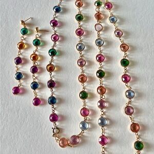 Vintage Colorful Crystal Necklace & Earrings Bezel Crystals Gold Tone Classic